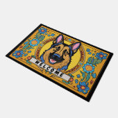 ドイツの羊飼い犬と花を歓迎 ドアマット (アングル)