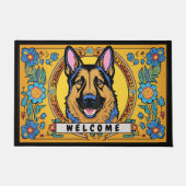 ドイツの羊飼い犬と花を歓迎 ドアマット (正面)