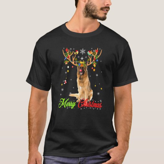 ドイツの羊飼い犬と〔雄ジカの〕枝角メリークリスマスX Tシャツ (正面)