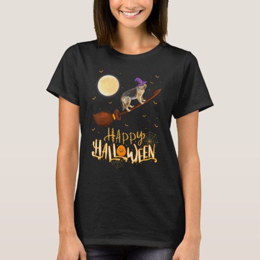 ドイツの羊飼い犬に乗る魔女ショットガンハロウィーン Tシャツ (正面)