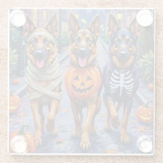 ドイツの羊飼い犬のトリックまたは治療ハロウィーン ガラスコースター (裏面)