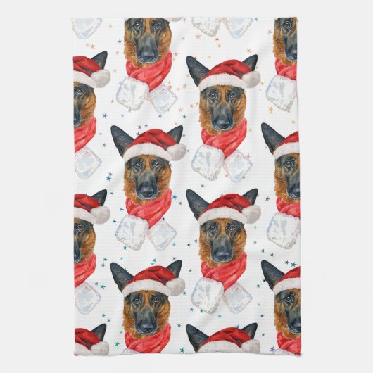 ドイツの羊飼い犬のパターンはクリスマスに星 キッチンタオル (縦)