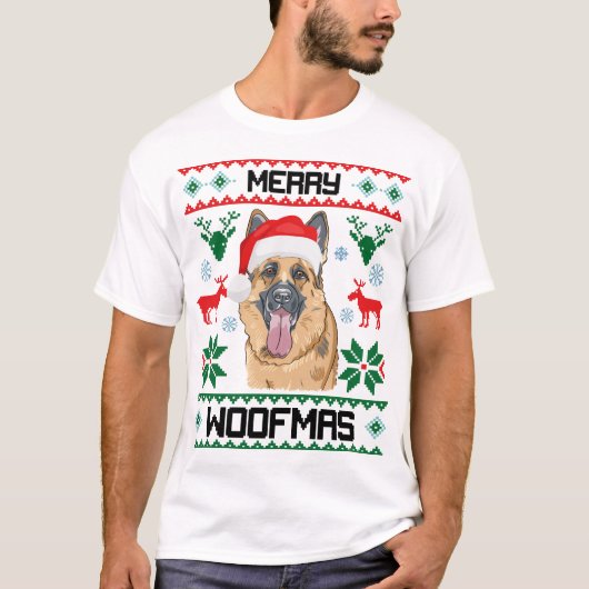 ドイツの羊飼い犬のメリーウーファマスクリスマスプレゼント Tシャツ (正面)