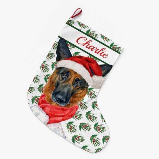 ドイツの羊飼い犬の名前ウォーターの色 ラージクリスマスストッキング (正面 (吊り時))