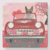 ドイツの羊飼い犬の車とハートバレンタイン ストーンコースター (正面)