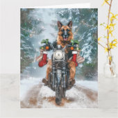ドイツの羊飼い犬オートバイのクリスマスに乗る カード (黄色い花)