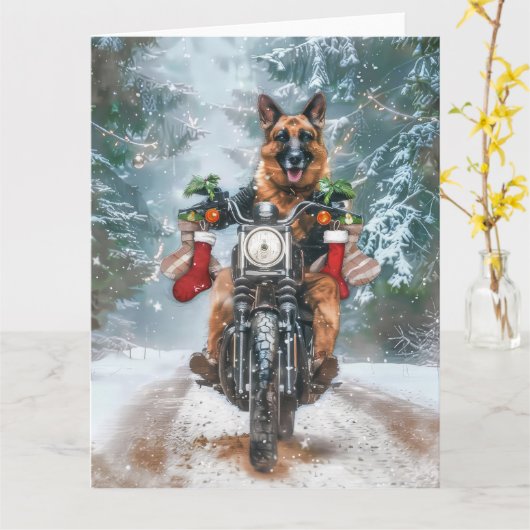 ドイツの羊飼い犬オートバイのクリスマスに乗る カード (黄色い花)
