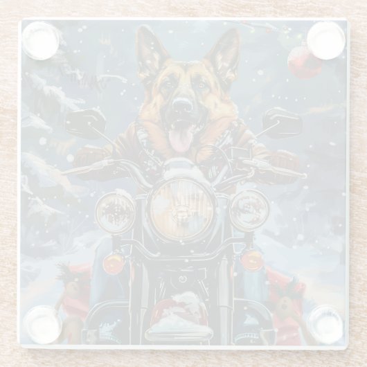 ドイツの羊飼い犬オートバイのクリスマスに乗る ガラスコースター (裏面)