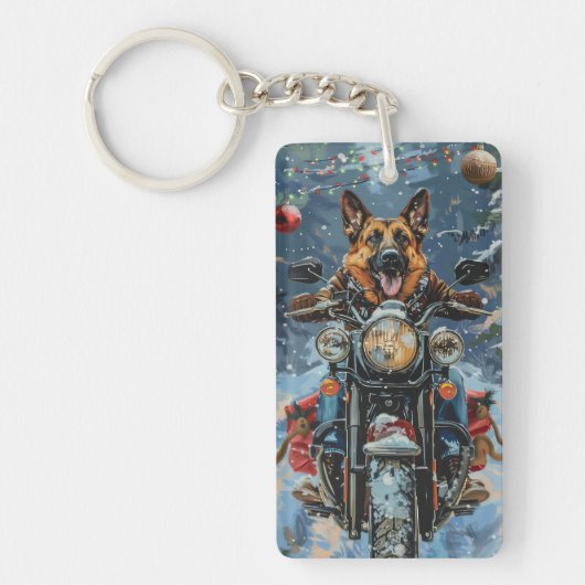 ドイツの羊飼い犬オートバイのクリスマスに乗る キーホルダー (正面)