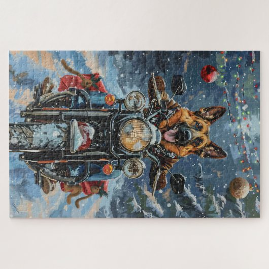 ドイツの羊飼い犬オートバイのクリスマスに乗る ジグソーパズル (横)