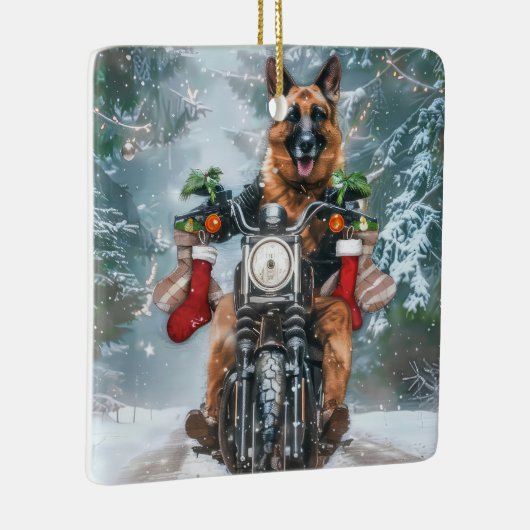ドイツの羊飼い犬オートバイのクリスマスに乗る セラミックオーナメント (右)