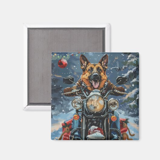 ドイツの羊飼い犬オートバイのクリスマスに乗る マグネット (正面/裏面)
