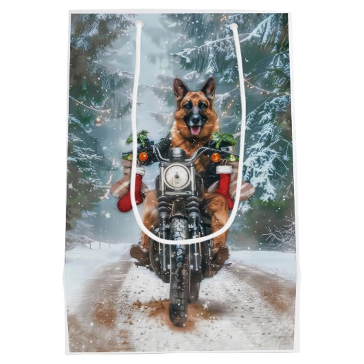 ドイツの羊飼い犬オートバイのクリスマスに乗る ミディアムペーパーバッグ (裏面)