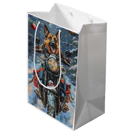 ドイツの羊飼い犬オートバイのクリスマスに乗る ミディアムペーパーバッグ (裏面アングル)