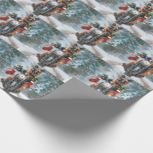 ドイツの羊飼い犬オートバイのクリスマスに乗る ラッピングペーパー (角)