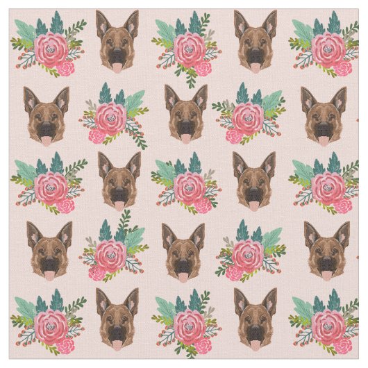 ドイツの羊飼い犬ピンク花模様 ファブリック (クローズアップ)