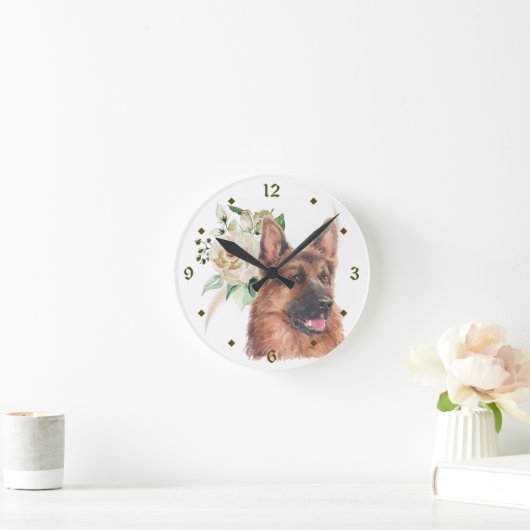 ドイツの羊飼い犬ホワイトローズブーケラウンドクロック ラウンド壁時計 (ホーム)