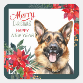 ドイツの羊飼い犬ポインセチア縁どス・クリスマス スクエアシール