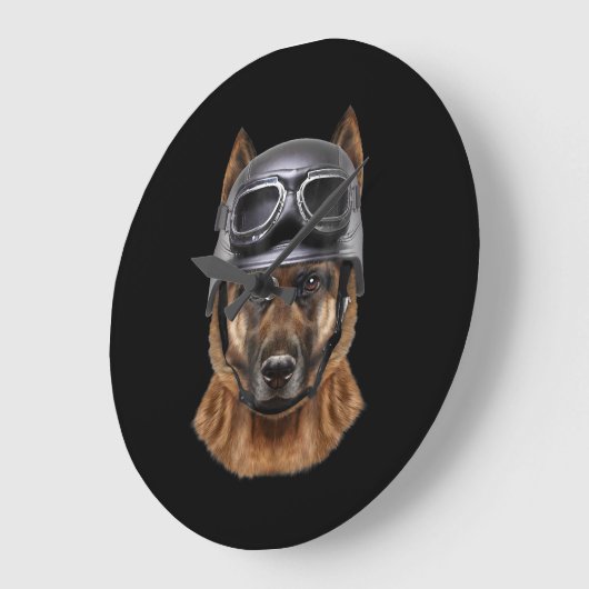 ドイツの羊飼い犬、オートバイヘルメットのバイクもしくは自転車に乗る人 ラージ壁時計 (傾斜)