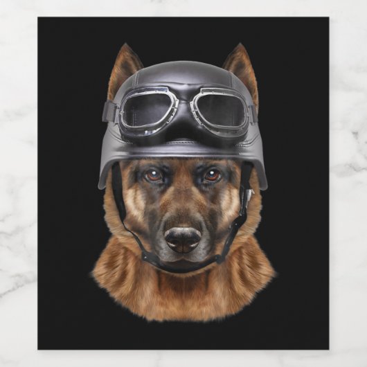 ドイツの羊飼い犬、オートバイヘルメットのバイクもしくは自転車に乗る人 ワインラベル (シングルラベル)