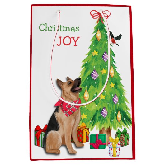 ドイツの羊飼い犬、鳥、クリスマスツリー ミディアムペーパーバッグ (正面)