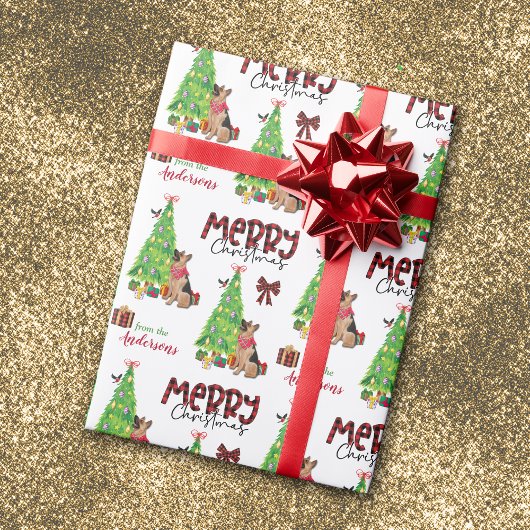 ドイツの羊飼い、鳥、クリスマスツリー ラッピングペーパー