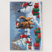 ドイツの走シェパードの雪とクリスマス帽子 ジグソーパズル (縦)