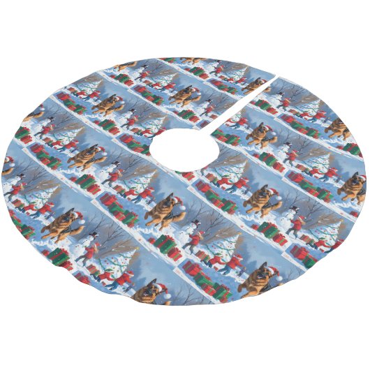 ドイツの走シェパードの雪とクリスマス帽子 ブラッシュドポリエステルツリースカート (アングル)