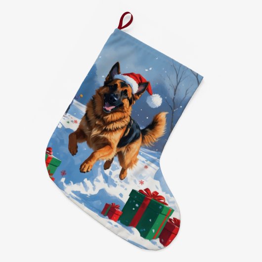 ドイツの走シェパードの雪とクリスマス帽子 ラージクリスマスストッキング (正面 (吊り時))