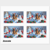 ドイツの走シェパードの雪とクリスマス帽子 長方形シール (シート)