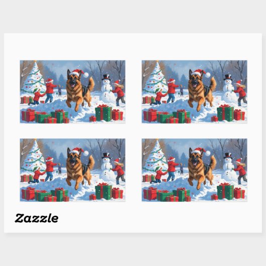 ドイツの走シェパードの雪とクリスマス帽子 長方形シール (シート)