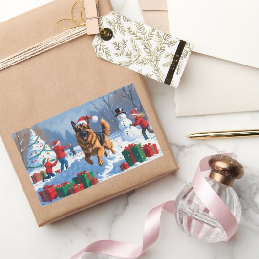 ドイツの走シェパードの雪とクリスマス帽子 長方形シール (ギフト)