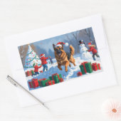 ドイツの走シェパードの雪とクリスマス帽子 長方形シール (封筒)