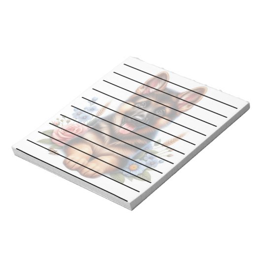 ドイツよくはしゃぐの羊飼い子犬と花 ノートパッド (回転)