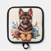 ドイツよくはしゃぐの羊飼い子犬と花 鍋敷き (正面)