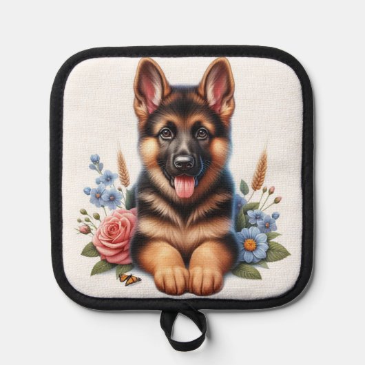 ドイツよくはしゃぐの羊飼い子犬と花 鍋敷き (正面)