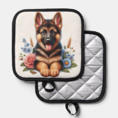 ドイツよくはしゃぐの羊飼い子犬と花 鍋敷き (正面/裏面)