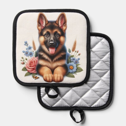 ドイツよくはしゃぐの羊飼い子犬と花 鍋敷き (正面/裏面)