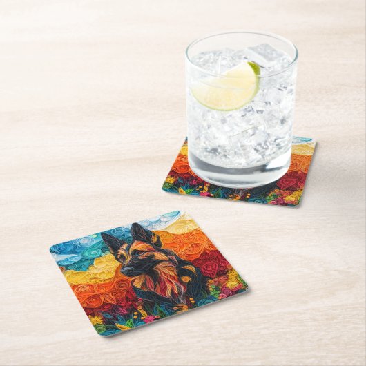 ドイツカラフルシェパードドッグポートレート スクエアペーパーコースター (インサイチュ)