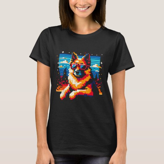 ドイツクール羊飼い犬ピクセルアートスタイルクリスマス Tシャツ (正面)