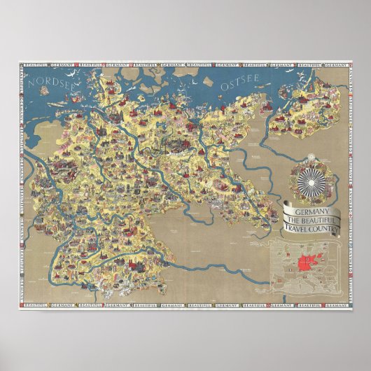 ドイツザビューティフルトラベルカントリー地図ヴィンテージ ポスター (正面)
