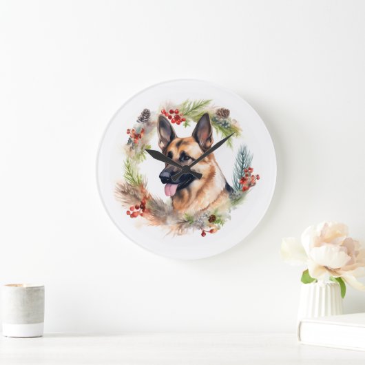 ドイツシェパードクリスマスリースフェスティバルカップ ラージ壁時計 (ホーム)