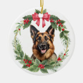 ドイツシェパードドッグレッドボウホリーリース セラミックオーナメント (正面)