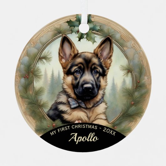 ドイツシェパードパピーの初めてのクリスマスオーナメント メタルオーナメント (正面)
