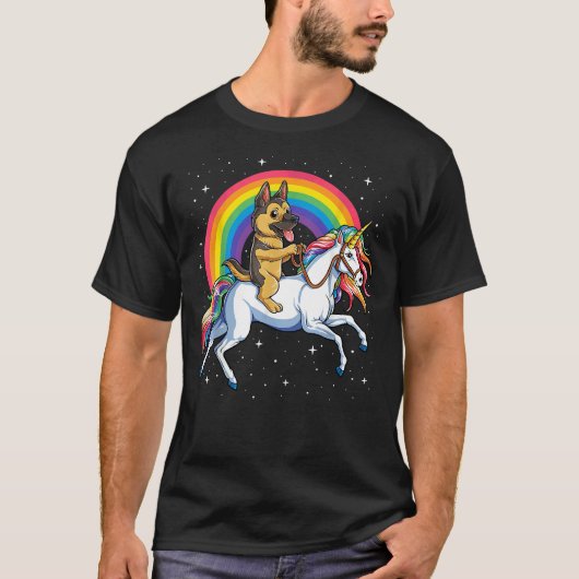 ドイツシェパードユニコーンガールズ宇宙銀河系レインボー Tシャツ (正面)
