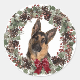 ドイツシェパードレッドボウピネコーネリースクリスマス ラウンドシール