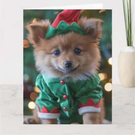 ドイツスピッツ小妖精や小人子犬クリスマスカード カード