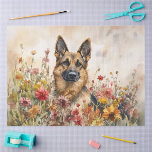 ドイツン・シェパードと野の花のデコパージュ 薄葉紙 (クラフト)