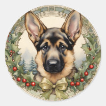 ドイツン・シェパードの子犬　ヴィンテージ　ホリデー　ステッカー