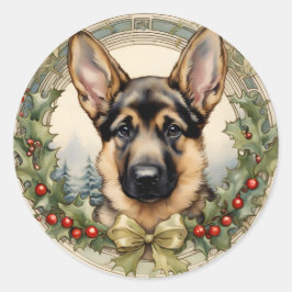 ドイツン・シェパードの子犬　ヴィンテージ　ホリデー　ステッカー ラウンドシール